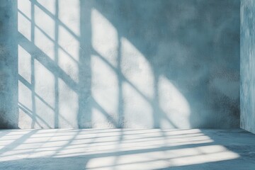 Poster - Plain light blue background ideal for displaying items. Natural light and shadows from windows illuminate a patterned wall