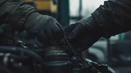 Poster - Closeup of Gloved Hands Working on an Engine
