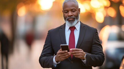 Poster - A Man in a Suit Uses a Smartphone While Walking