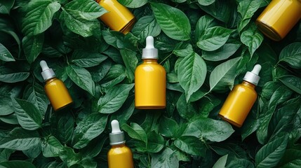 Canvas Print - Yellow dropper bottles with white labels, surrounded by green leaves