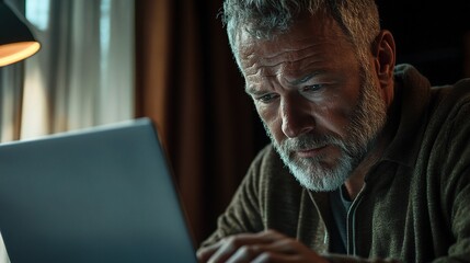 Poster - Focused Man Working on Laptop in Dim Light