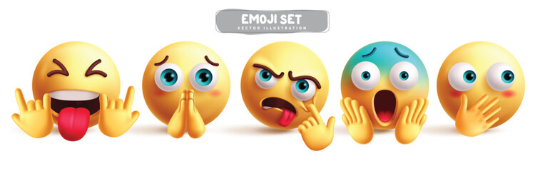 Emojis characters emoticon vector set. Emoji 3d character like cool, pleading, begging, teasing, shocked, afraid and shy graphic elements in white background. Vector illustration yellow emoticons 