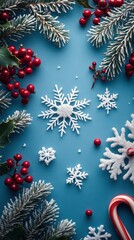 Colorful holiday decorations featuring candy canes and winter elements on a blue background