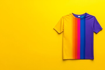 Colorful shirt with rainbow stripes is displayed on a yellow background. shirt is vibrant, eye-catching, and the yellow background adds a pop of color. a design to print on a t-shirt for pride month