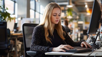 Sticker - A focused woman types on a keyboard in a modern office, surrounded by bright windows and a collaborative environment.