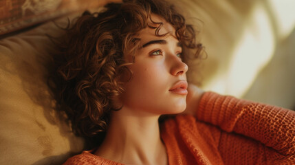 Wall Mural - A woman with curly hair is laying on a couch in an orange sweater