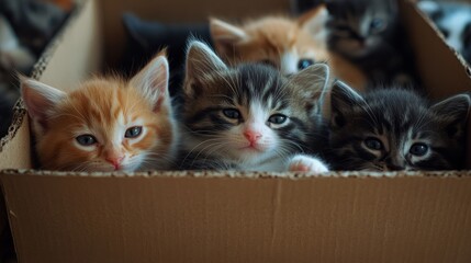 Abandoned kittens in a cardboard box