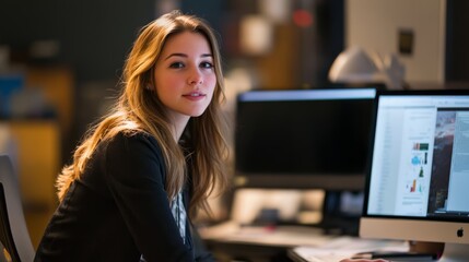 Canvas Print - A young woman sits at a computer, looking at the camera with a focused expression in a modern, softly lit workspace.