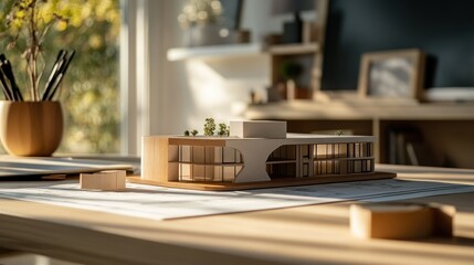 Poster - Architectural Model of a Modern Building with Glass Windows on a Wooden Table