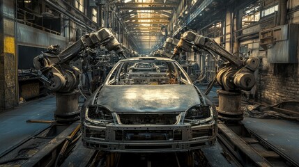 Poster - A car body on an assembly line in a factory, flanked by robotic arms