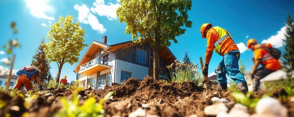 Two workers planting a tree in front of a new home.