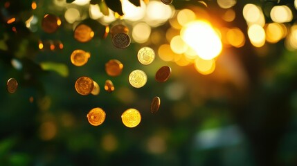 Poster - A stream of falling coins creates a dramatic, rich visual against a blurred background, signifying prosperity