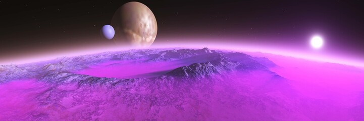 Wall Mural - titan (satellite of saturn) at sunset, panorama of the red planet at sunrise, the surface of an alie
