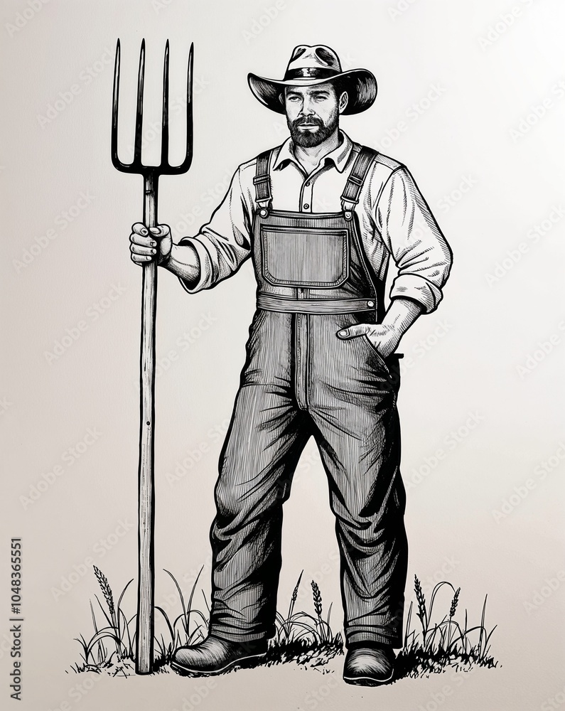 Hand drawing clipart of a man farmer holding a pitchfork and wearing ...