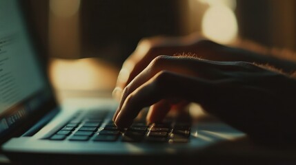 Fototapete - Close-up of Hands Typing on a Laptop Keyboard in Dim Light