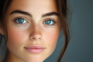 Closeup of young woman with freckles showing healthy skin