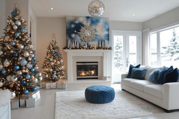 Wall Mural - beautiful living room decorated for christmas with blue themed ornaments