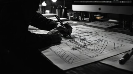 Poster - Person sketching a detailed blueprint with a pen