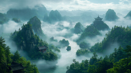 Misty Mountains and Ancient Temples: Enchanting landscape photography of a serene river valley shrouded in mist, with traditional Chinese architecture nestled amongst lush green hills.  