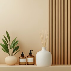 A stylish shelf featuring natural elements like plants and decorative bottles, creating a serene and modern atmosphere.