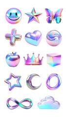 PNG 3d iridescent icon element set, transparent background