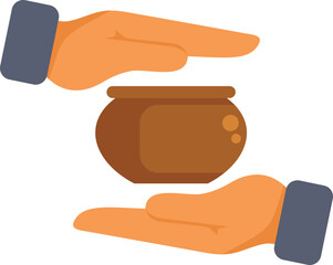 Poster - cartoon style vector illustration of two hands holding a clay pot, isolated on white background