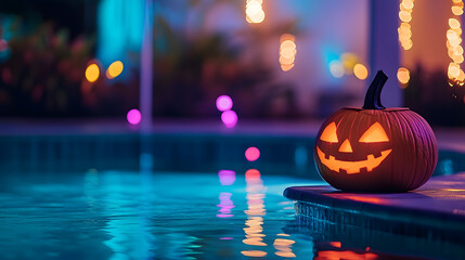 Wall Mural - Glowing halloween pumpkin by the side of a pool with colorful lights in the background
