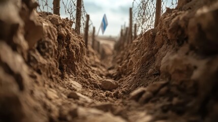 A narrow trench line stretches towards a flag in the distance, symbolizing the concepts of defense, protection, and national pride amidst uncertain circumstances.