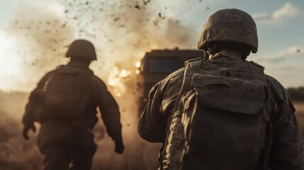 Two soldiers are seen moving rapidly towards an armored vehicle, surrounded by a cloud of dust and debris, highlighting teamwork and chaotic perseverance.