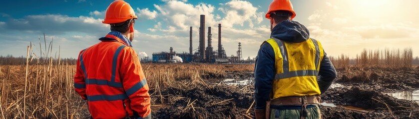 Two construction workers walk past a field of tall grass and wildflowers.