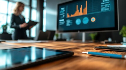Poster - Closeup of a Wooden Desk with a Tablet, Pen, and a Blurry Background of a Businesswoman and a Computer Monitor with Data