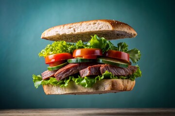 A large hamburger with lettuce, tomato, and ham