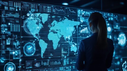 Poster - A businesswoman stands before a large screen displaying a digital world map and data, symbolizing global connectivity and information flow.