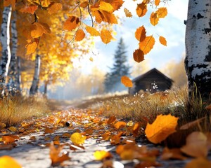 Poster - A trail through a forest filled with golden leaves, leading to a distant cabin, with soft light filtering through the trees