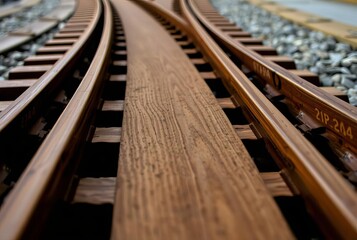 wooden train tracks close up on the grain and grooves of the tra