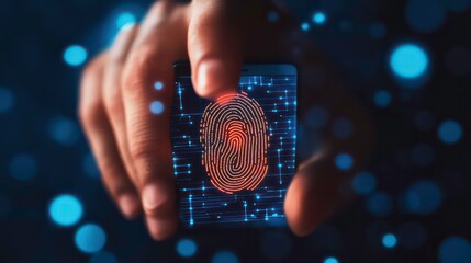 Poster - Close up of a hand using a fingerprint scanner on a smartphone.