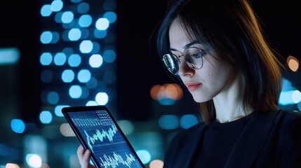 Poster - A focused woman analyzing data on a tablet with city lights in the background.