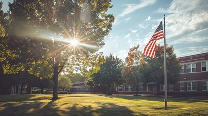 Wall Mural - sunlit school grounds with american flag and trees