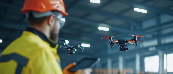 Poster - A worker using a tablet to control drones in a modern warehouse environment.
