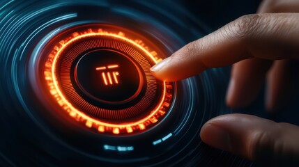 Poster - Close-up of a hand pressing a futuristic control button with glowing lights on a digital interface.