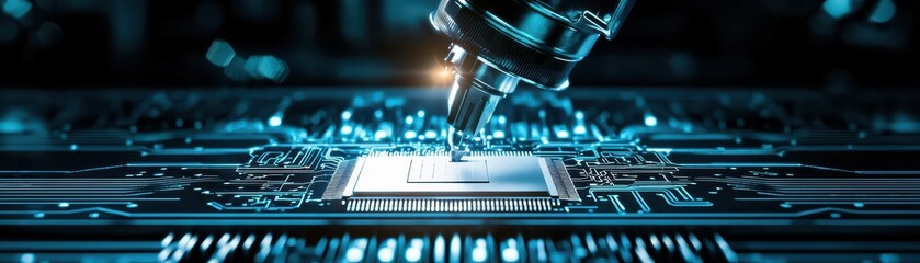 Poster - Close-up of a robotic arm manipulating a microchip on a circuit board, showcasing advanced technology and automation.