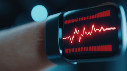 Poster - Close-up of a smartwatch displaying a red heart rate monitor on a dark background.