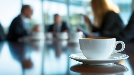 Aufkleber - A white coffee cup on a table in front of a blurred out meeting.