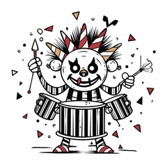 Whimsical clown character playing drums with vibrant, playful energy.