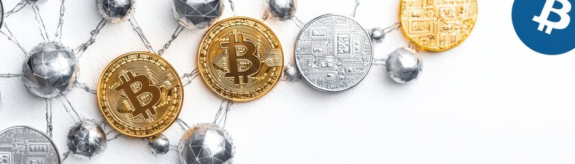 Poster - Digital cryptocurrency coins with network connections on a white isolated background.