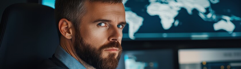 Poster - Focused man in control room with monitors displaying world map and data analysis.