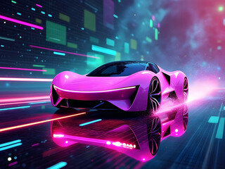 Futuristic pink supercar driving on reflective road with neon digital streams background