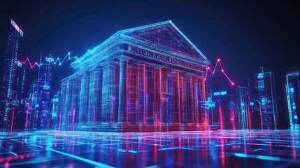 Poster - A futuristic digital rendering of a classic bank building with glowing lines and a city skyline in the background.