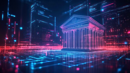 Poster - A 3D rendering of a classic bank building rendered in a futuristic neon style with a grid and data streaks.