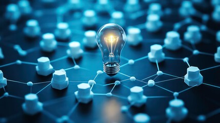 Aufkleber - A glowing light bulb stands out among a network of white nodes, symbolizing the power of innovation and new ideas in a connected world.